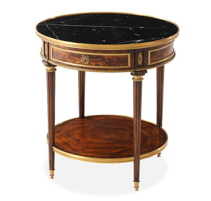 Circular dark wood with gold accents and a black stone top. Formalities Side Table